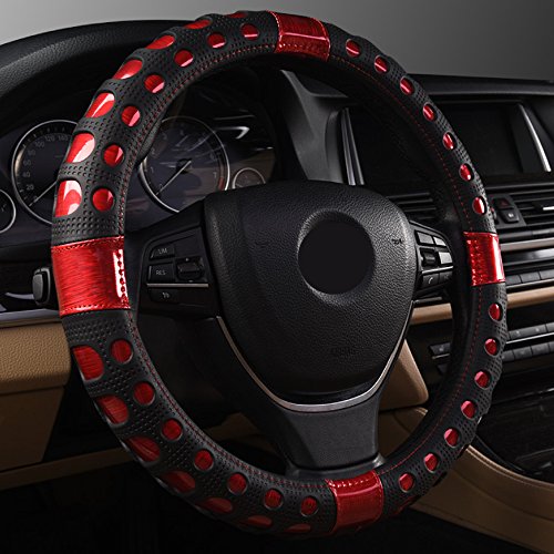 Universal Auto Lenkradhülle Lenkrad Abdeckung Lenkradbezug aus Laser gebürstet Leder 38CM / 15'' Anti Rutsch Atmungsaktiv Luxuriös Lenkradabdeckung Lenkradschoner, Rot