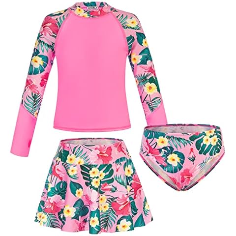Danna Belle Girls Long Sleeve Swimsuits 3 Piece Floral Bathing Suit 6-12Y UPF50+, Pink Yellow, 8 Years Cover