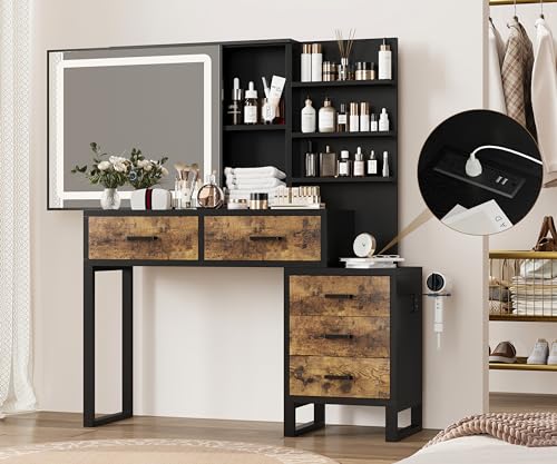 Garvee 46.8'' Vanity Desk with Mirror, LED Lights and Power Outlet, Makeup Vanity Table with 5 Drawers and 3 Storage Shelves, Dressing Table with Gold Handle for Bedroom, Dressing Room (White)