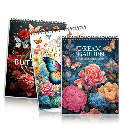 Malbuch für Erwachsene 3er Set – Garten und Schmetterling Motive, 84 einseitige Illustrationen, Spiralbindung im A4 Format, Kreatives Ausmalbuch für Anfänger