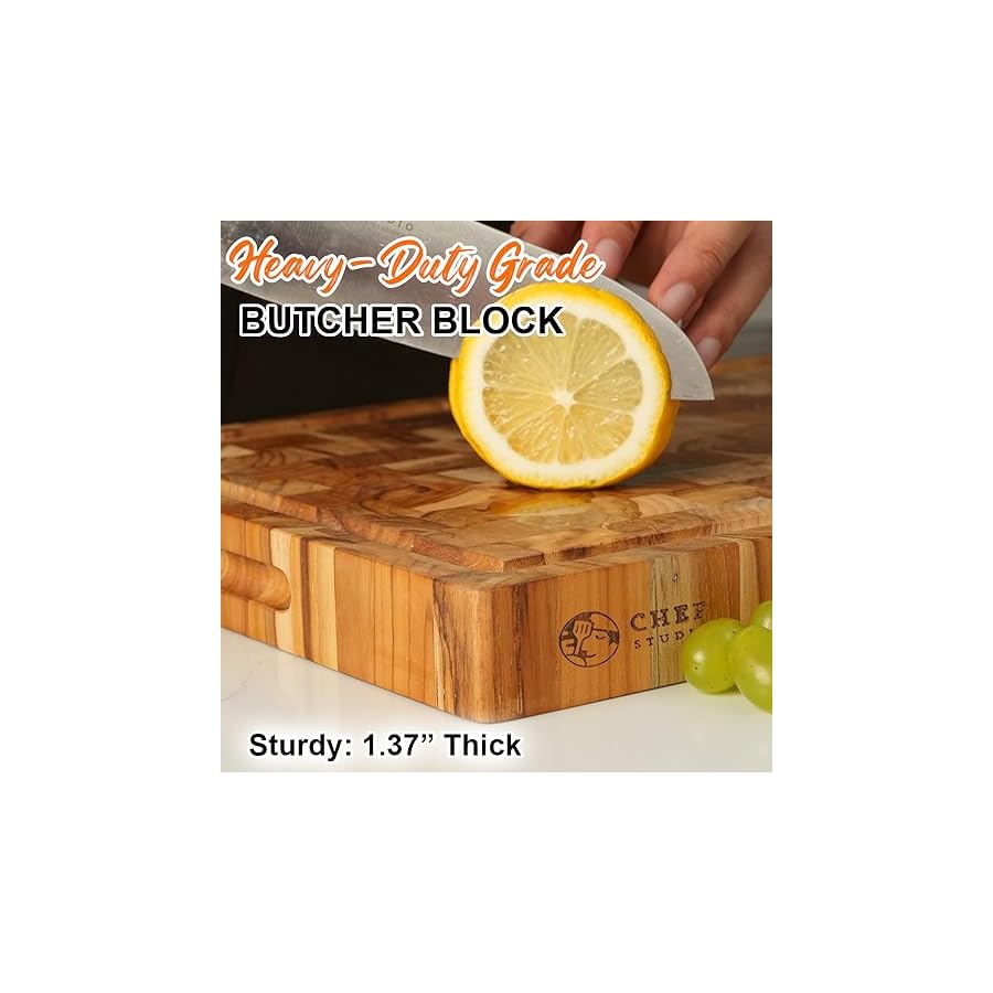 Large-Teak-Wood-Cutting-Board-End-Grain-Butcher-Block-Cutting-Board-For-Kitchen-Big-Wooden-Kitchen-Carving-Chopping-Boards-Juice-Groove-Reversible-Hand-Grips-Size-158x11x137-inch Chef Studio Large Teak Wood Cutting Board, End Grain Butcher Block Cutting Board For Kitchen, Big Wooden Kitchen Carving Chopping Boards, Juice Groove, Reversible, Hand Grips, Size 15.8x11x1.37 inch