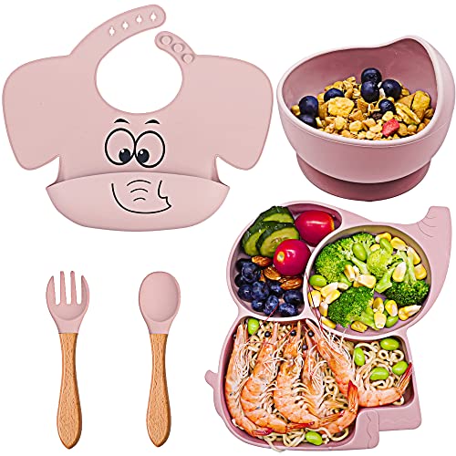 FILOWA Vajilla Bebé Silicona con Ventosa Plato y Cuenco Tenedor Cuchara Babero,5 Piezas Sin BPA Juegos de Vajilla, Microonda y Lavavajilla Portátil Aprendizaje Kit para Infantil Niña,Rosa Elefante Cover