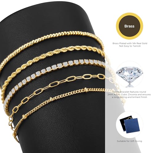 Gold Bracelets for Women, Dainty 14K Gold Plated Bracelet Stack Tennis Thin Bracelets, Trendy Stackable Bracelets, Golden Jewelry Set Link Bracelet Pack, Fashion Jewelry Pack for Women3