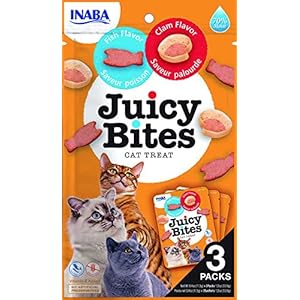 INABA Juicy Bites Katzen Leckerlie – Knabbertaschen mit saftigem Kern in lustigen Formen – Fisch und Venusmuschel