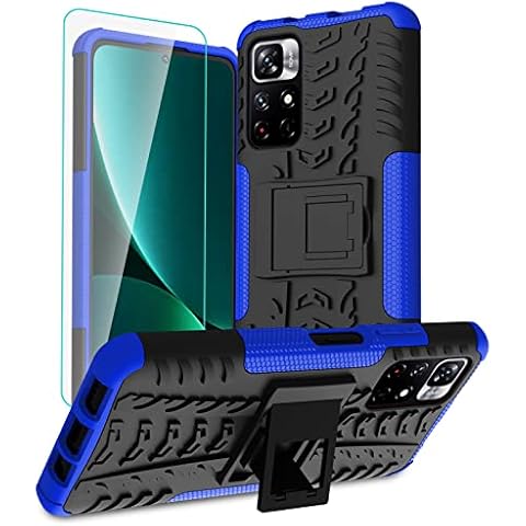 Iokmax case for Xiaomi Redmi Note 11/11S with Screen Protector, Military Grade Shockproof, Heavy Duty Robust Bumper Case with Kickstand for Redmi Note11 Case,Blue Cover