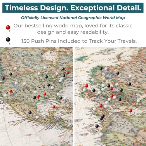 Image of Executive World Push Pin Map - National Geographic Antique Style Canvas Travel Tracker - Extra Large Framed Wall Decor - Natural Float Frame - 34 inch x 51 inch