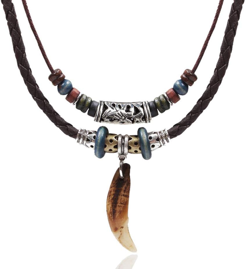Men Leather Necklace Vintage Tribal Style Boho Hipppie Double Layered Braided Beaded Pendant Necklace for Valentine's Day