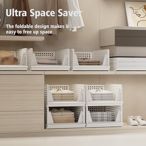 Proarea 4 Pack Stackable Plastic Storage Basket Closet Organizer Bin Foldable Clothes Organizer Storage Drawer Shelf Container For Living Room Bathroom Kitchen Office thumb #3