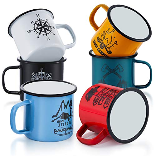 E-Far Enamel Camping Mug Set Of 6, 16 Ounce Metal Enamel Coffee Tea Cups For Outdoor Camping Hiking Backpacking Kids, 2-Sided Unique Graphic Design & Large Size - Colourful #TOP1