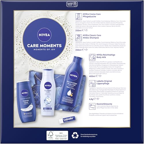 NIVEA Care Moments Geschenkset, Geschenk für Frauen, Geschenkbox mit Duschgel (250 ml), Shampoo (250 ml), Body Lotion (400 ml), Labello Lippenpflege (4,8 g) und Kulturtasche