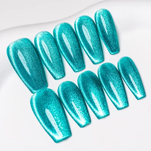 Sun&Beam Nails Handmade Press-On Medium Long Coffin Ballerina with Nile Blue Cat Eye Design Charm Cute False Nail Tips 10 Pcs (#84 S)