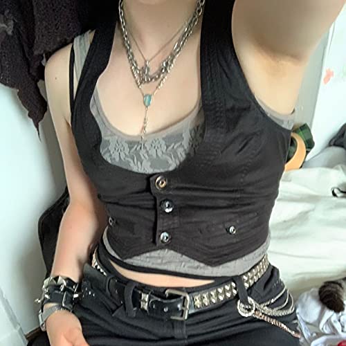 KMBANGI Women's Button Waistcoat Vest Dressy Crop Corset Bustier Racerback Tank Top Punk Grunge Streetwear4