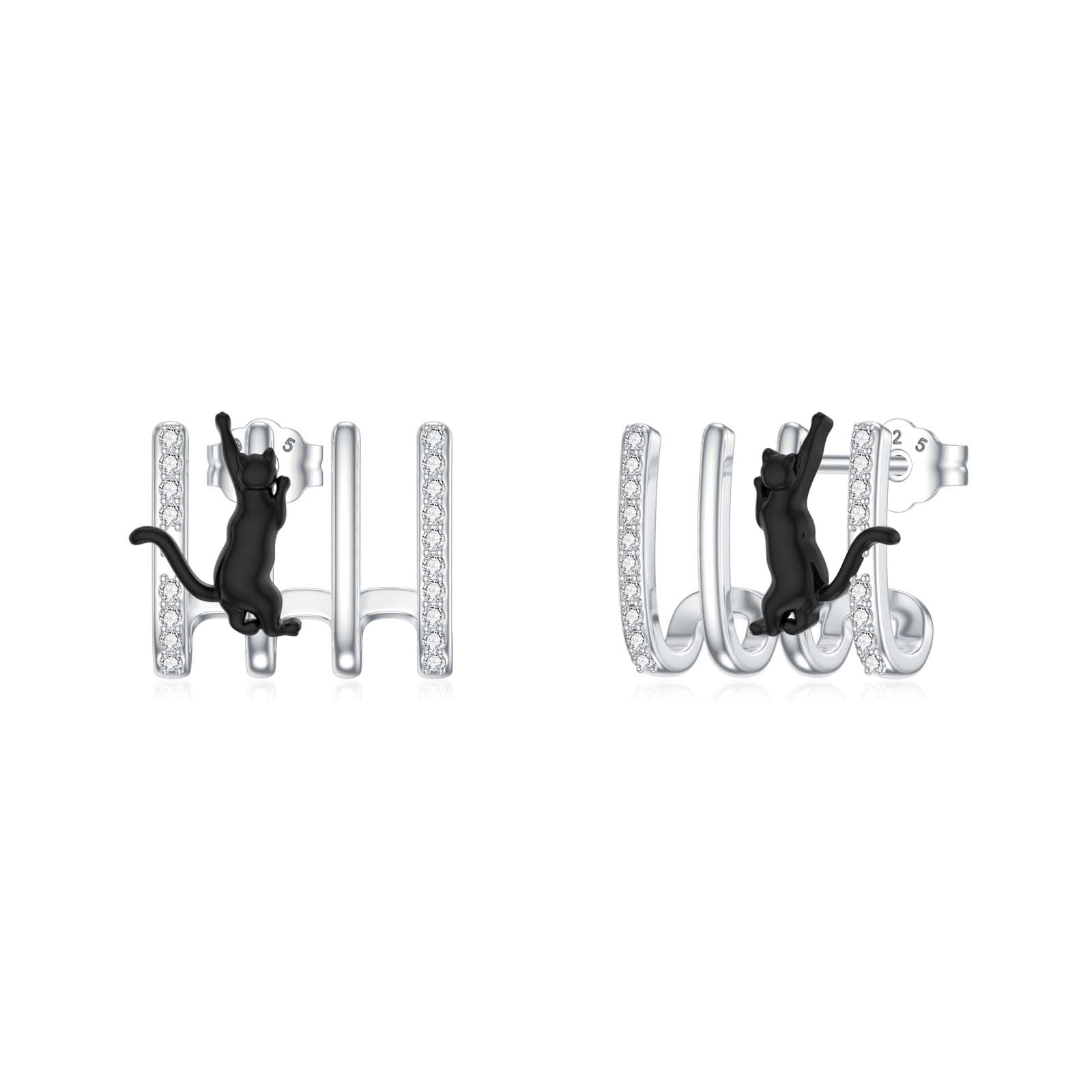 LEECCI Cat Earrings 925 Sterling Silver Black Cat Studs Earrings Animal Cat Studs Earrings for Women