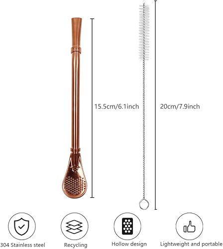 Miniatura 2 de N A Pajitas con cuchara de filtro, paquete de 2 pajitas de té, Yerba Mate Bombilla, barra agitadora de café para té helado, cóctel, con 2 cepillos