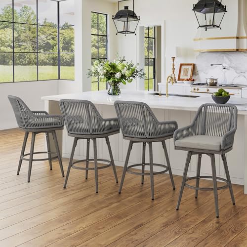 Image of Cozyman Outdoor Bar Stools Set of 2, 360 Swivel Aluminum Rattan Bar Stool with Olefin Rope Curved Backrest and Armrest, Modern BarStools with Removable Cushion for Patio, Garden, Kitchen, Grey