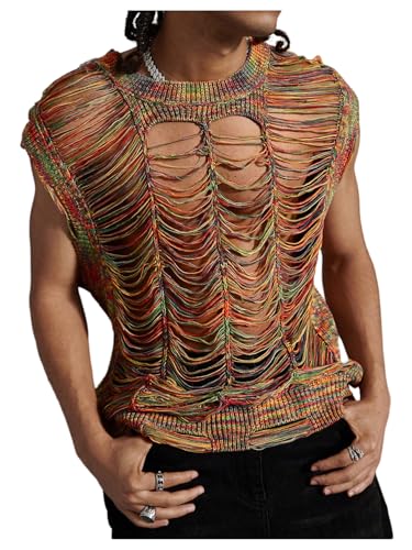 Verdusa Men's Colorful Ripped Sheer Sweater Sleeveless Crew Neck Lightweight Knitted Vests