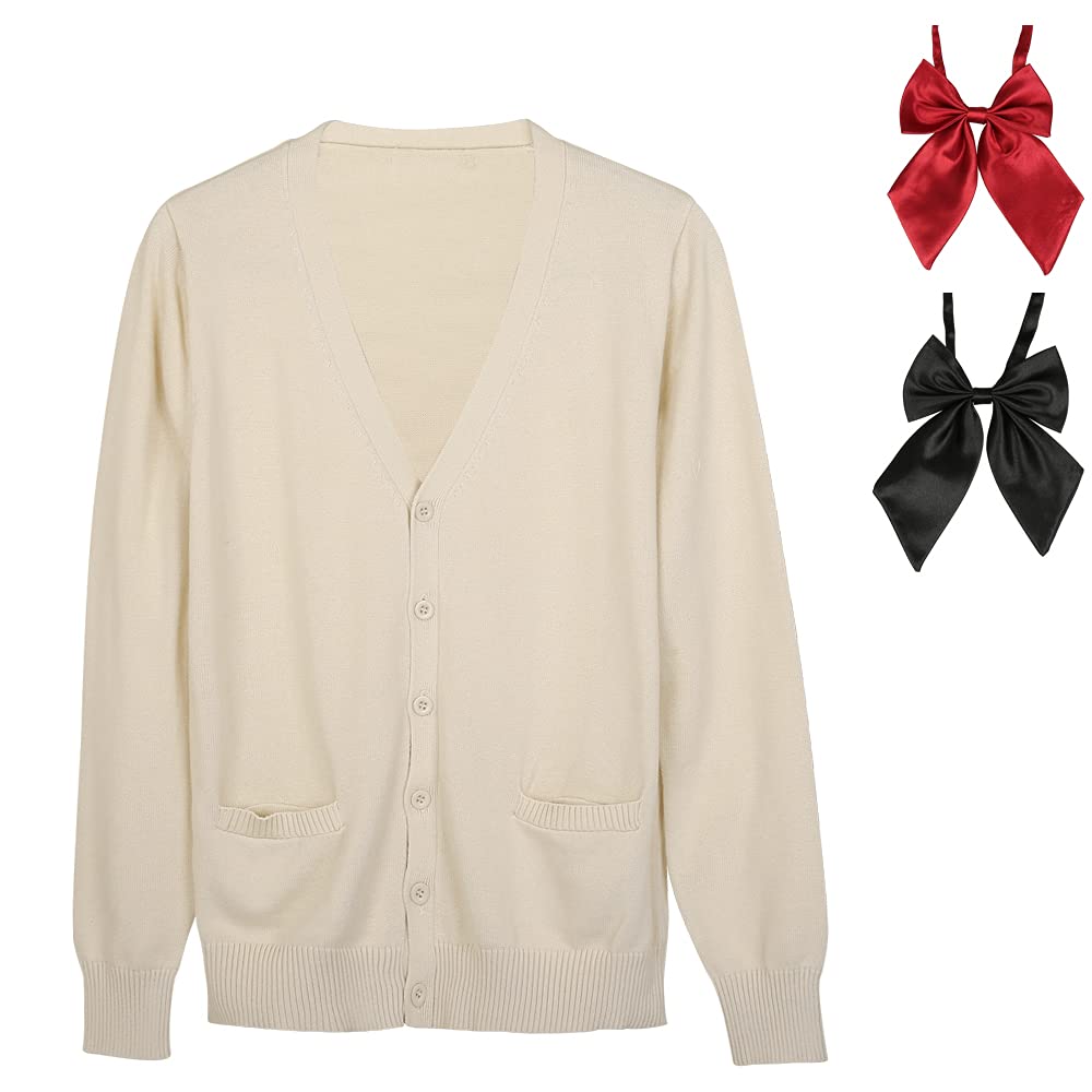 Girls Japanese School Uniform Womens Anime Cosplay Cardigan Sweater with Bow Tie Set.