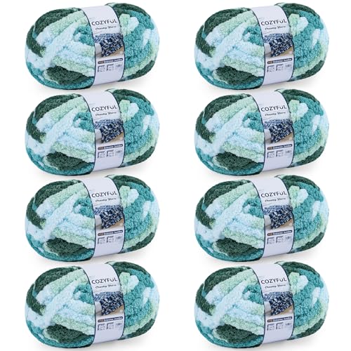 Image of Cozyful Chunky Yarn for Hand Knitting - #10 Chunky Chenille Blanket Yarn, Jumbo Big Thick Chunky Yarns for Crocheting, Tie Dye Bulky Knit Yarns, 8 Skein (20 yds 8 oz Each Skein), Forest&Teal&Sky&Mint
