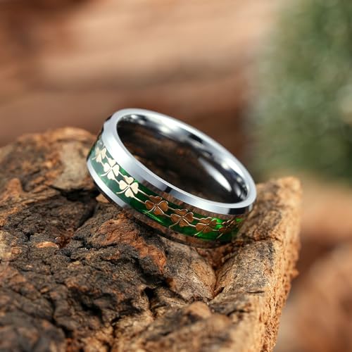 King Will 8mm Tungsten Clover Wedding Band for Men Gunmetal Ring Shell Plated Four Leaf Clover Inlay High Polish Beveled Edge Engagement Rings Comfort Fit Size 7-143