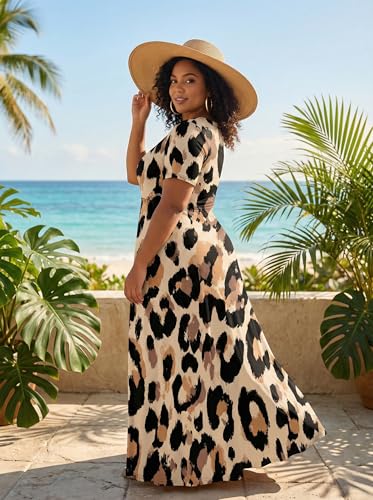 Image of SUZONANA Plus Size Maxi Dress for Curvy Women Summer Casual Sundress Short Sleeve Loose Vacation Dress