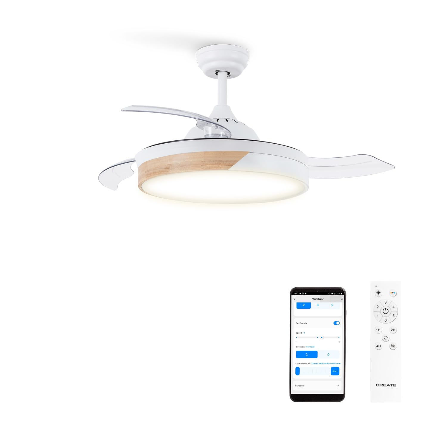 CREATE / WIND CLEAR/Ventilador de techo con luz blanco madera natural con mando y Wifi / 40W, Ø108 cm, temporizador, 6 velocidades, aspas retráctiles, 3 temperaturas de luz, función verano-invierno