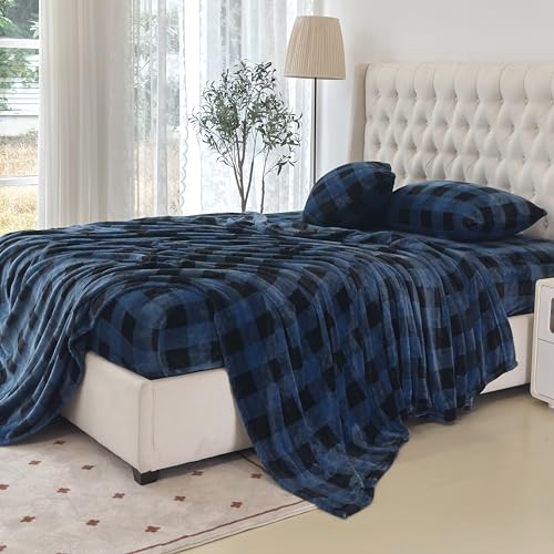 Elegant Comfort Luxuriously Soft 4-Piece Velvet Plush Flannel Sheet Set - Premium Quality - Cozy Warm, Anti-Static, Non Pilling Fuzzy Velvet Flannel Fleece Deep Pocket Sheet Set - Full, Buffalo Blue