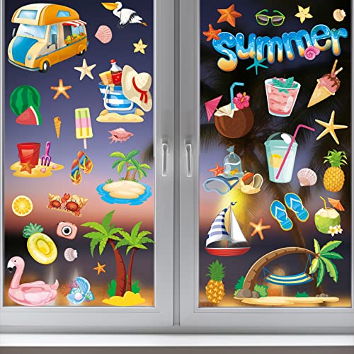 Image of 134PCS Summer Window Clings,Reusable Double-Sided Spring Summer Window Stickers,Reusable Static Beach Clings,Vibrant Seasonal Window Decals for Tropical Home Decor (9 Sheets)