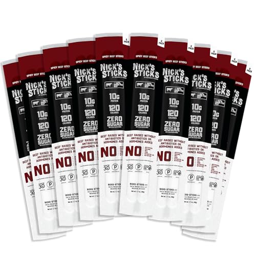 Nick's Sticks Clean & Balanced 100% Grass-Fed Spicy Beef Snack Sticks | Made in the USA | Gluten Free | Paleo, Keto, Whole30 Approved | No Soy, Antibiotics or Hormones (10-1.7 oz. Packages of 2 Sticks)