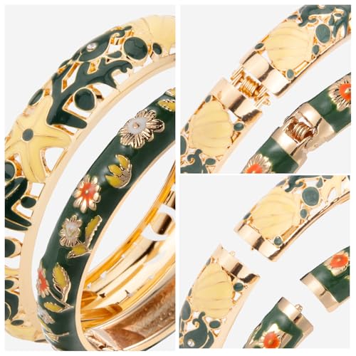 Image of UJOY Vintage Jewelry Cloisonne Handcrafted Flower Enameled Gorgeous Rhinestone Hinged Cuff Bracelet Bangles Gifts 88A10