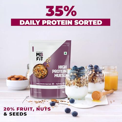 Image of MuscleBlaze Fit High Protein Muesli (1kg, Fruits & Nut) | 22g Protein | With Apple, Almonds & Super Seeds, High Protein Breakfast Cereals