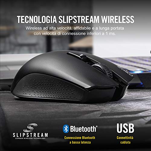 Corsair Harpoon Wireless Rgb Mouse Ottico da Gioco, Ricaricabile, con Tecnologia Slipstream, Sensore Ottico 10000 Dpi, Retroilluminazione a LED Rgb, Nero