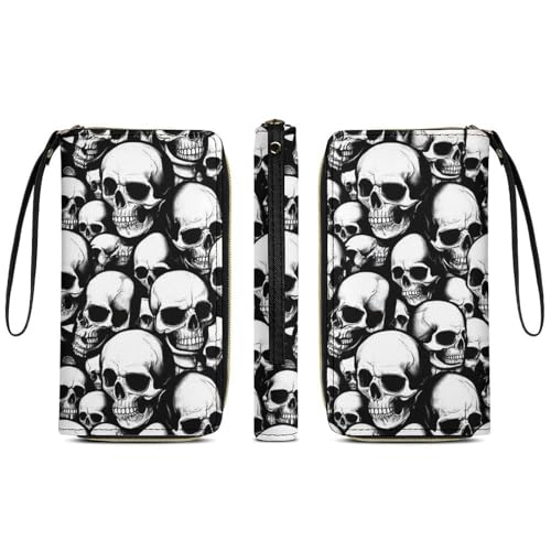 Travel Credit Card Holder Wallet for Women, Pu Leather Slim Card Holder Case Wallet Cool Funny Goth Skulls Long Purse with Wrist Strap
