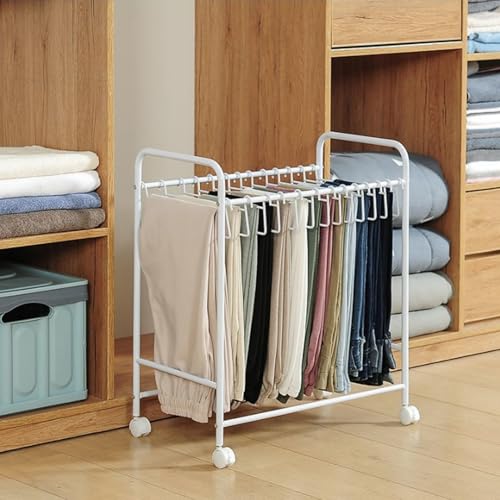 Porte-pantalons sur pied blanc en métal avec roulettes et étagère de rangement