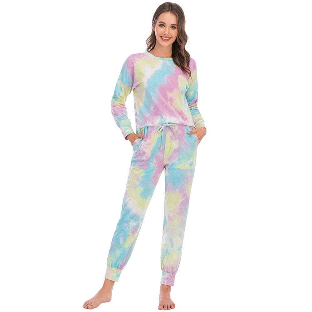 Schlafanzug,Damen-Pyjama-Sets Grün-Rosa Baumwolle Rundhals Batik Elastischer Bund Mit Tasche Kuschelig Warm Langarm Pjs Top & Unterteil Set Loungewear Nachtwäsche Weiche Faultier Nachtwäsche
