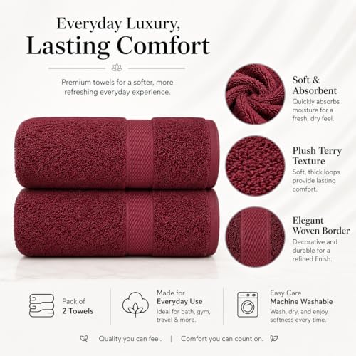 Image of Sulfar 100% Combed Cotton, Quick Drying Highly Absorbent Thick Bathroom Towels, Luxury Bath Towel Set (Pack of 2, 70 X 140 cm) - 600 GSM (Red Wine)