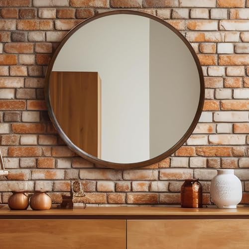 Round Wall Mirror with Durable Wooden Frame – 24" (Brown) | Moder...