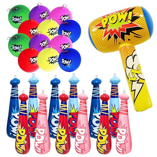 4E's Novelty 25 Piece Set - 12 Oversized 20'' Pow Inflatable Baseball Bats, 12 Punch Balloon, 1 Huge 30