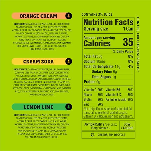 Image of Popwell Caffeinated Variety Pack Better-For-You Prebiotic Soda, with 6g Fiber, 1g Sugar, Vitamins and Immunity Support, 12 fl oz, 12 count (Orange Cream, Lemon Lime, Cream Soda)