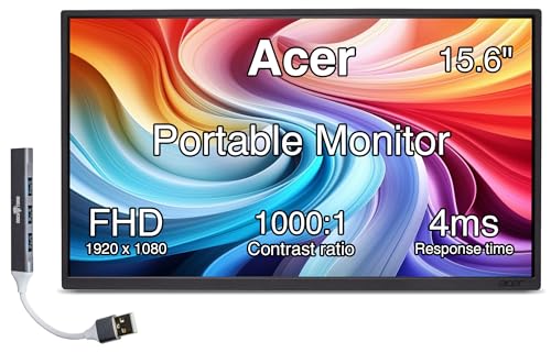 Image of Acer 15.6 inch FHD IPS Portable Monitor with 4ms Response Time, Anti-Glare, 250 nits Brightness, VESA Mount (75mm), Mini HDMI & Dockztorm USB Port Expander, Black Color