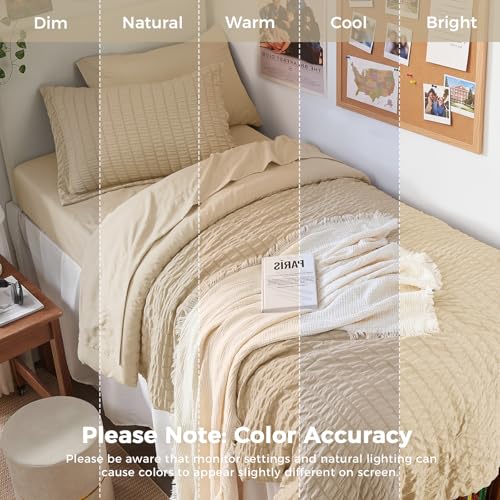 Image of HYMOKEGE Khaki Twin Comforter Set Seersucker 5 Pieces, All Season Luxury Bed in a Bag for Bedroom, Bedding Set with Comforter, Sheets, Pillowcase & Sham