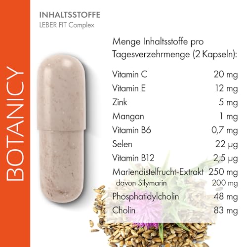 BOTANICY Leber Fit Complex - 60 Mariendistel Kapseln - Unterstützt Leber Funktion - 200mg Silymarin aus Mariendistel - Plus Cholin, Zink, Mangan, Selen und 4 Vitamine - Laborgeprüft in Deutschland