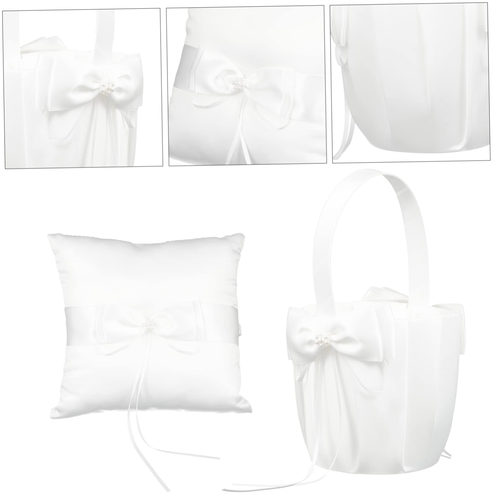 MAGICLULU 2 Stück Weißes Ringkissen mit Schleife und Strass Passender Blumenkorb aus Stoff für Hochzeit und Feier für Mädchen