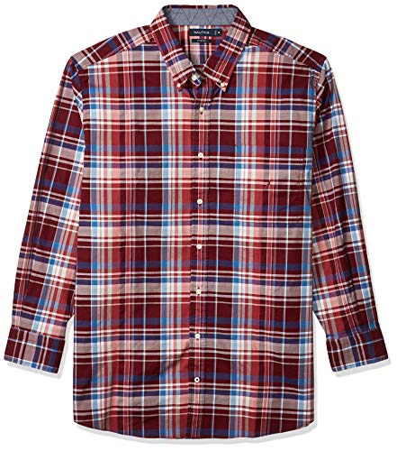 Nautica Men's Big and Tall Long Sleeve Button Down Plaid Poplin Shirt, Zinfandel, 3X-Large