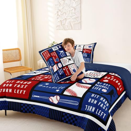 Image of Feelyou Baseball Theme Comforter Set Eat Bedding Queen Size for Kids