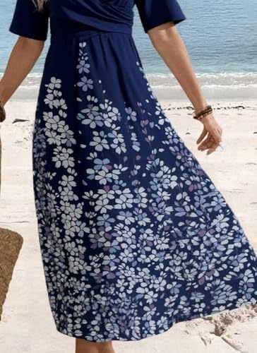 Women Summer Dresses Blue Striped 3/4 Sleeve Midi Dress with Side Pockets Casual Pleated Round Neck Dress3