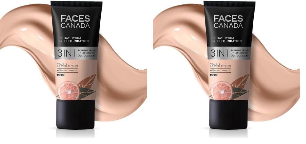 FACESCANADA All Day Hydra Matte Foundation|3-In-1 Foundation + Moisturizer Cream + Spf 30|24 Hr Aloe Hydration&Vitamin C|10Hr Long Wear|Medium To High Buildable Coverage|Rose Ivory 011|25Ml,Pack Of 2