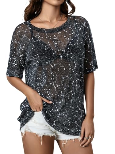 MakeMeChic Women's Summer Short Sleeve Tops Rock Concert Outfits Sequin See Through Mesh Sheer T Shirts Blouse