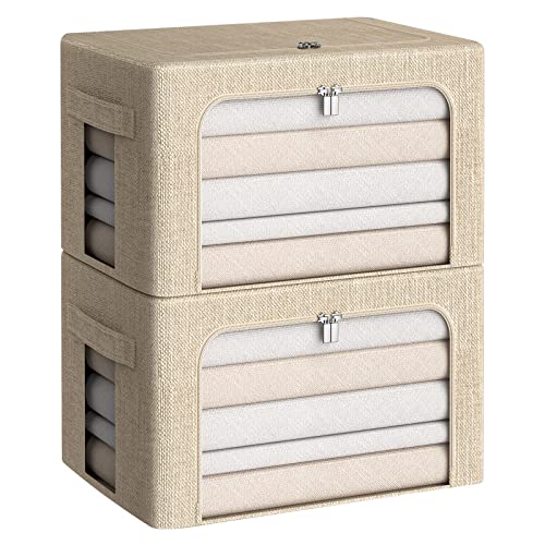 Image of CYhom Clothes Storage Bins Box - Linen Fabric Foldable Stackable Container Organizer Set with Clear Window & Carry Handles & Metal Frame for Bedding, Blankets, Books (Beige, Medium-36L)