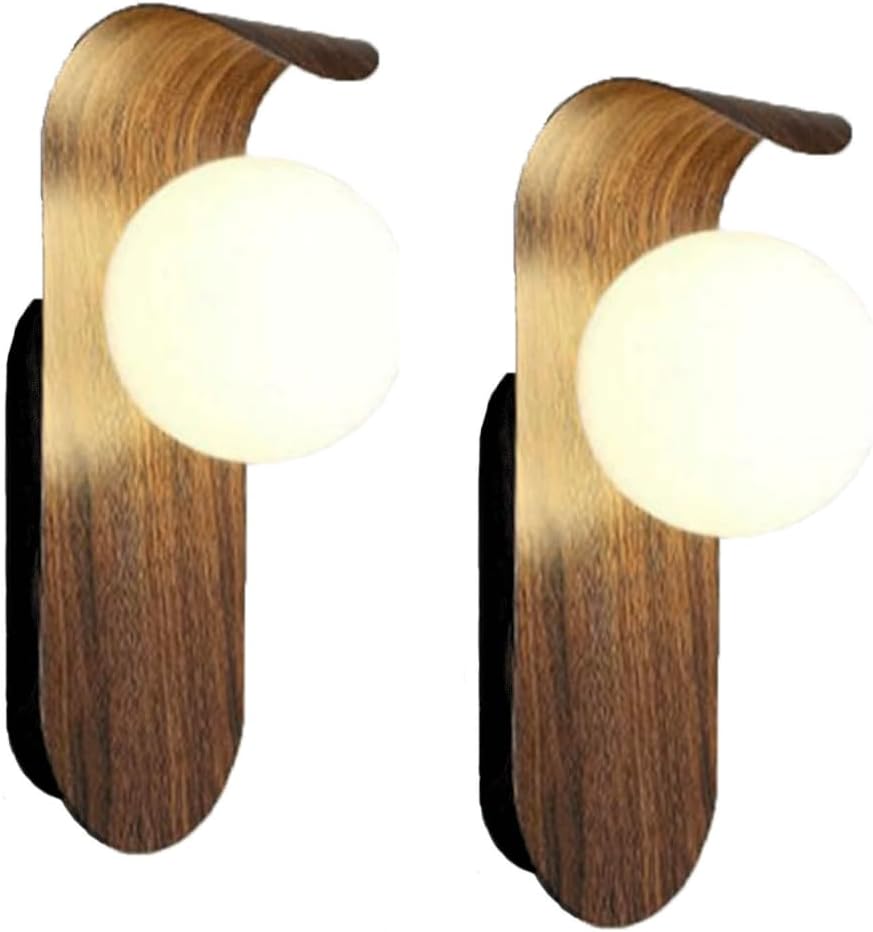 Set of 2 Wall Sconces for Mid Century, Walnut Texture Glass Globe Fixtures, Wood Retro Industrial Wall Mount Lighting Lanterns, Farmhouse Wall Lights with Glass Shade for Bedroom Bathroom Hallway