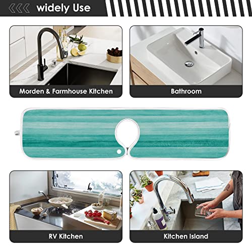 teal turquoise green wood texture faucet water catcher mat 2 pack green blue wooden printing drying mat absorbent bathroom faucet handle drip catcher tray bar rv kitchen sink splash guard 14x5 inches